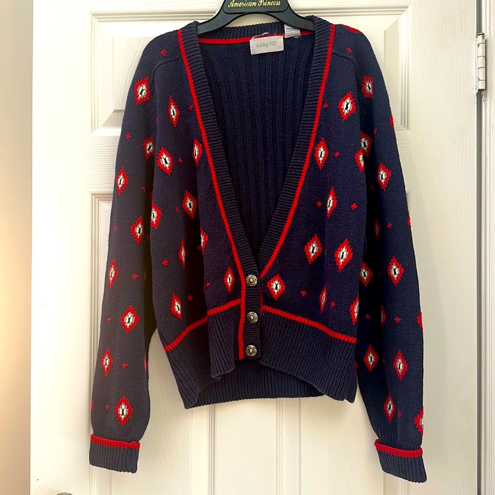 Vintage Navy Blue and Red cardigan sz L
